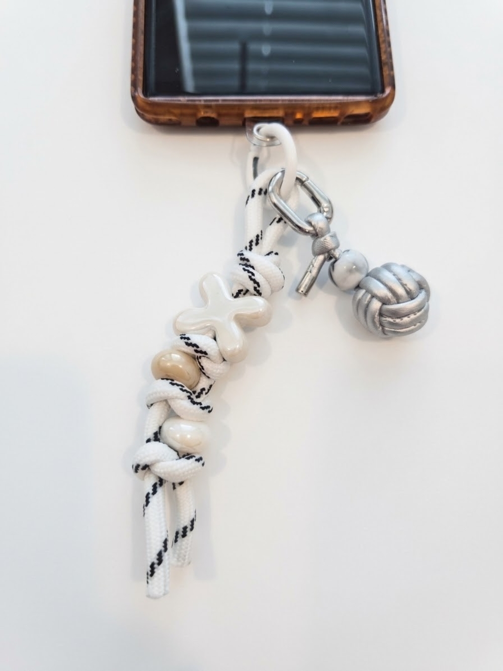 White Knot Phone Charm Keychain with Bead Accents